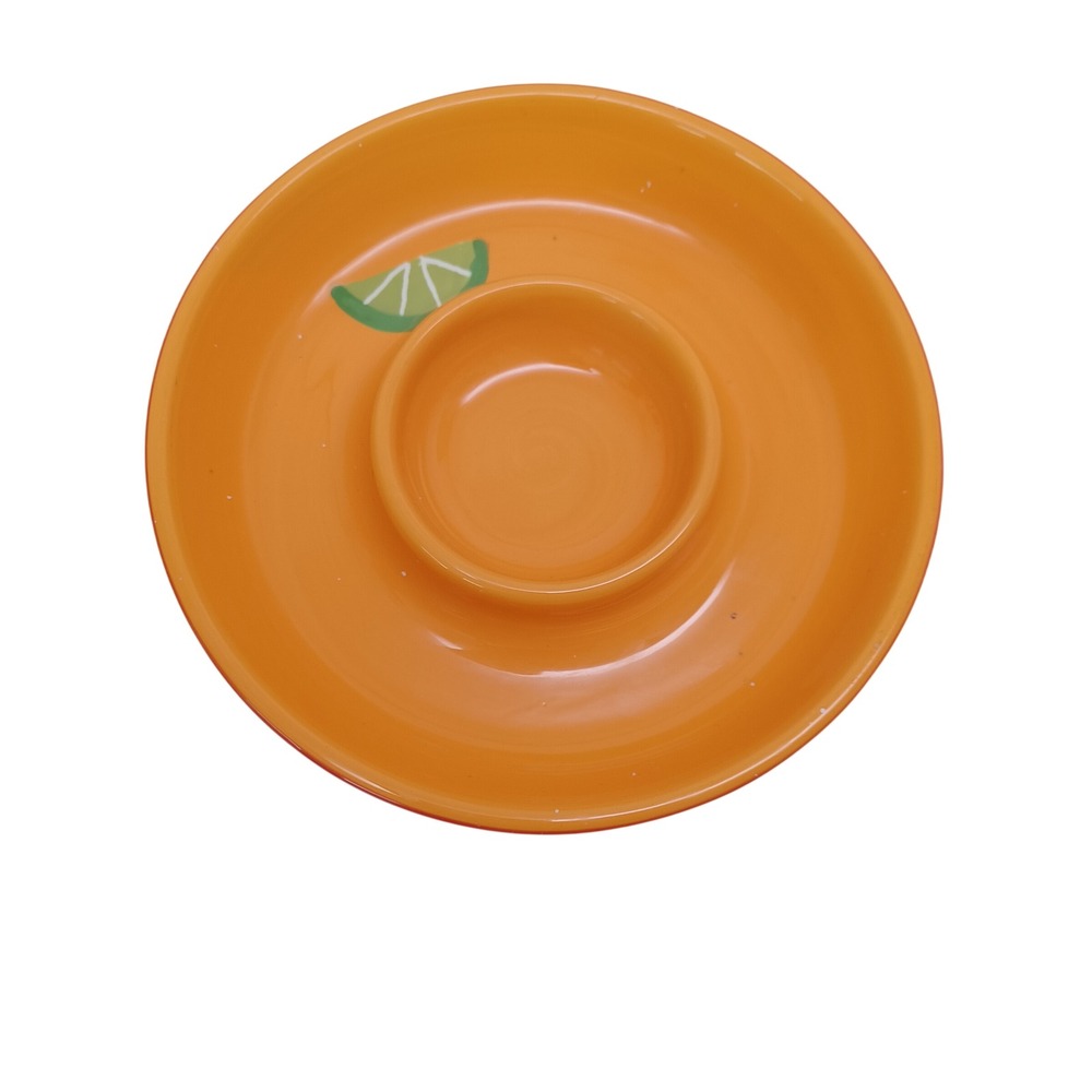 Crate & Barrel Orange Ceramic Chip and Dip Bowl Lime Graphic Striped 6.5 Inch